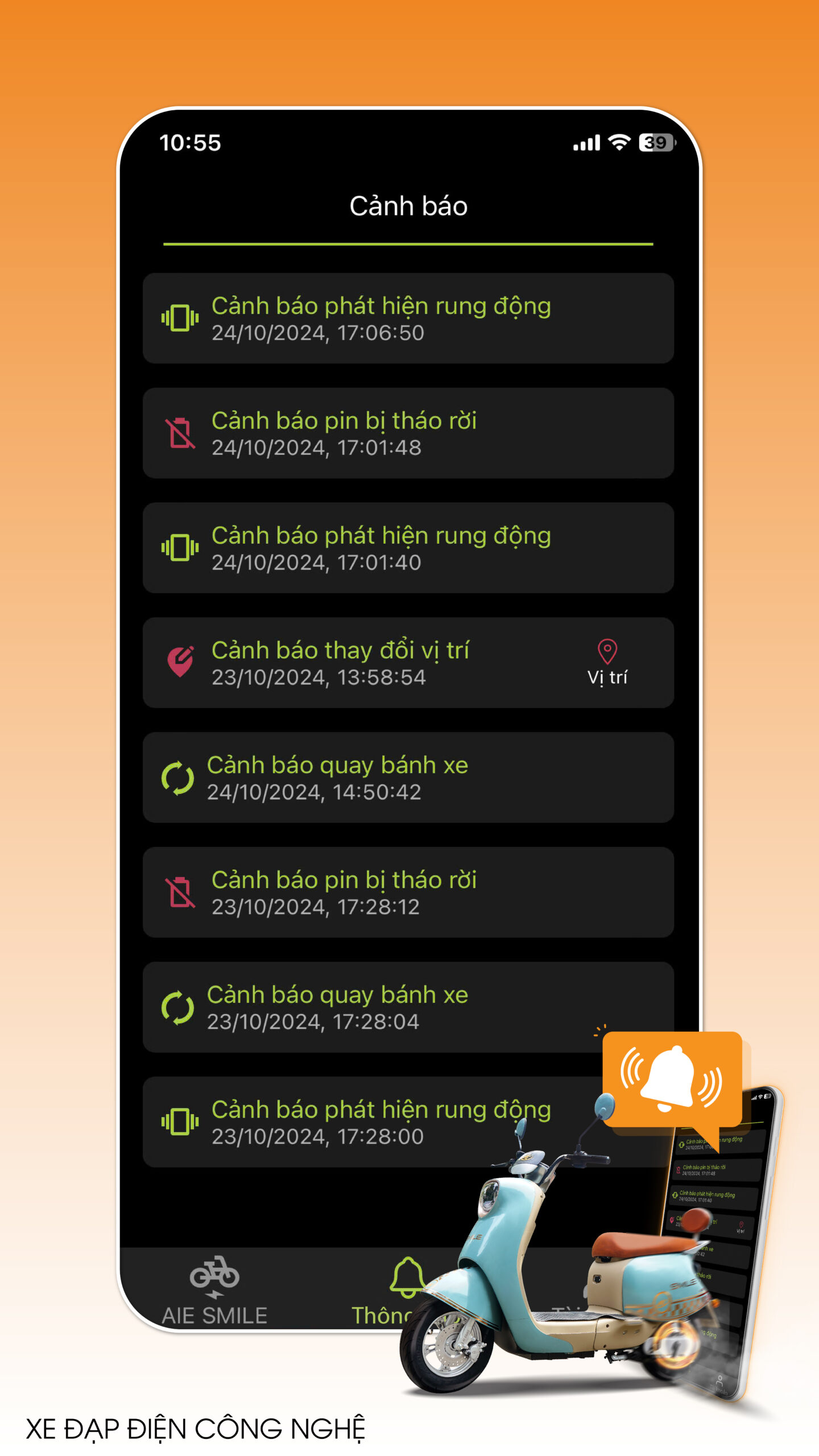 App Xe Điện AI EBike - Màn Hình Thông Báo - Hệ Điều Hành iOS