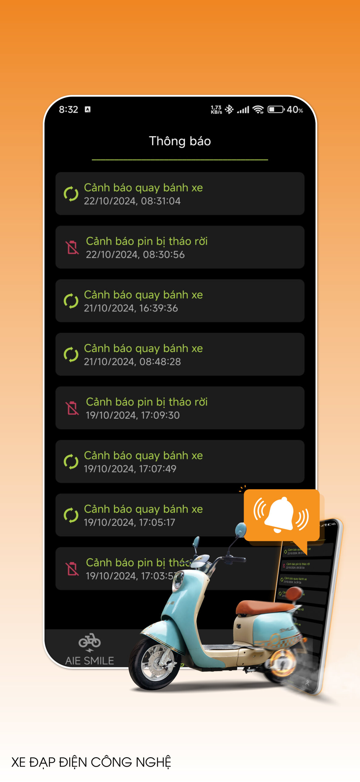 App Xe Điện AI EBike - Màn Hình Thông Báo - Hệ Điều Hành Android