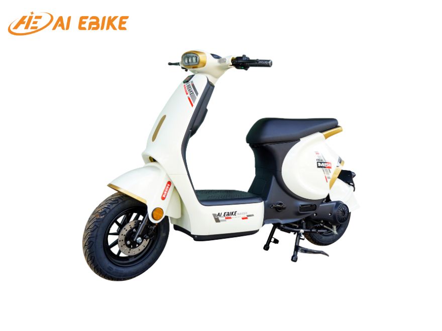 Xe đạp điện màu vàng AIE MS1 kết hợp trắng sữa, thiết kế liền khối